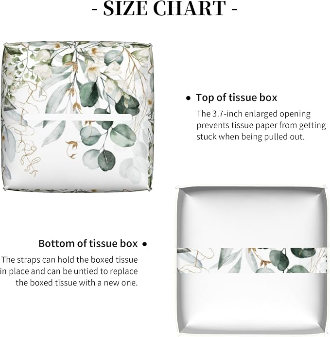 Eucalyptus Leaves and Flowers Tissue Box Cover Square,Watercolor Green Leaves Branches Tissue Box Holder Waterproof Leather Facial Paper Organizer Dispenser for Bathroom Home Car Nightstand Vanity