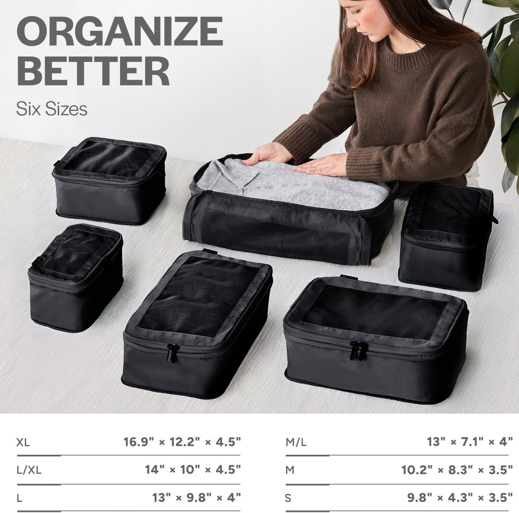 Aerotrunk Compression Packing Cubes for Travel - Luggage Organizer Bags - Double Zipper Packing Cubes for Suitcases (6-Pack, Black)