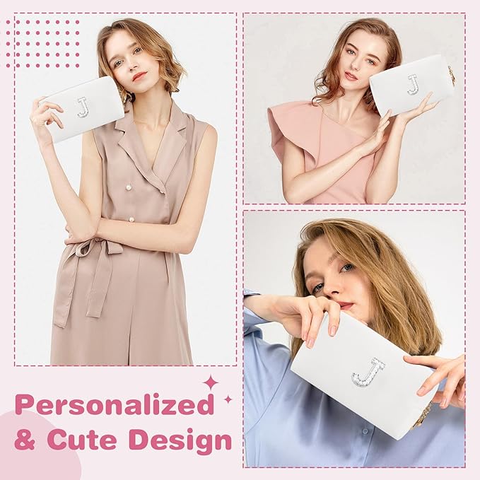 Bride Gifts – Personalized Initial Makeup Bag with Pearl Rhinestone Patch, Preppy White Monogram Cosmetic/Toiletry Pouch, bridesmaid Gifts, Bridal Shower Gifts, Wedding Gifts, Bridal Gifts,J