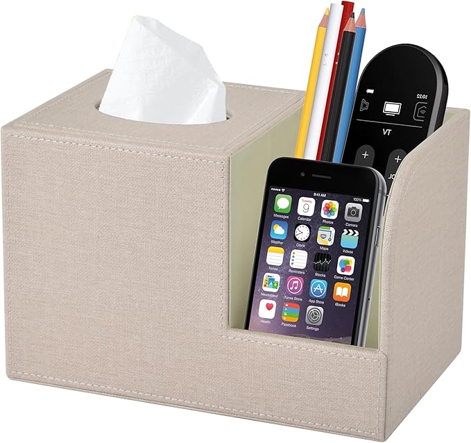 XNONE PU Leather Square Tissue Box Cover,Multifunctional Tissue Box Holder,Tissue Box with Storage,Tissue and Remote Control Holder,Tissue Box Decorative Desk Organizer for Home&Office,Beige