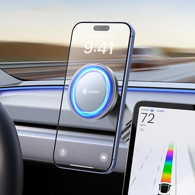 VICSEED Tesla Phone Mount【Strongest Magnet Power】 Foldable Hidden Tesla Phone Holder Fit for All Phones, Tesla Model 3/Y/Cybertruck Accessories, Tesla Model 3 Model Y for MagSafe Car Mount-Quicksilver