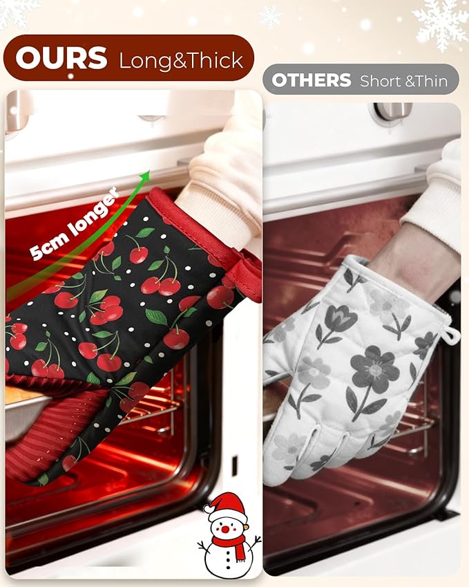 Slohif Cherry Mini Oven Mitts Set – Red Extended Short Heat Resistant Kitchen Gloves for Women, 100% Cotton Oven Mitts with Silicone Grips, Non-Slip and Thick Durable for Cooking & Baking