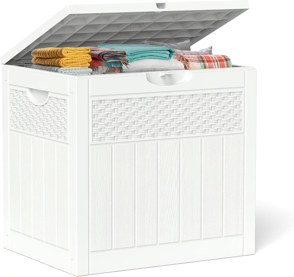 ZYJOYY 33 Gallon Resin Deck Box, Weatherproof Outdoor Storage Box for Patio, Garden and Yard, Lockable Waterproof Bin for Tools, Cushions, and Accessories, White