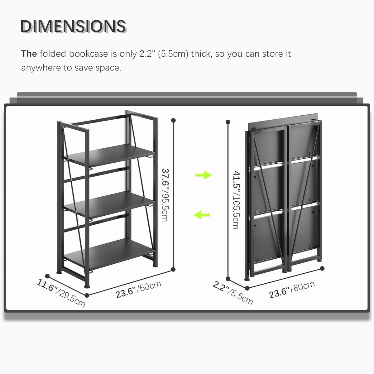 4NM No Assembly Folding Bookshelf Storage Shelves 3 Tiers Vintage Bookcase Standing Racks Study Organizer Home Office (All Black)