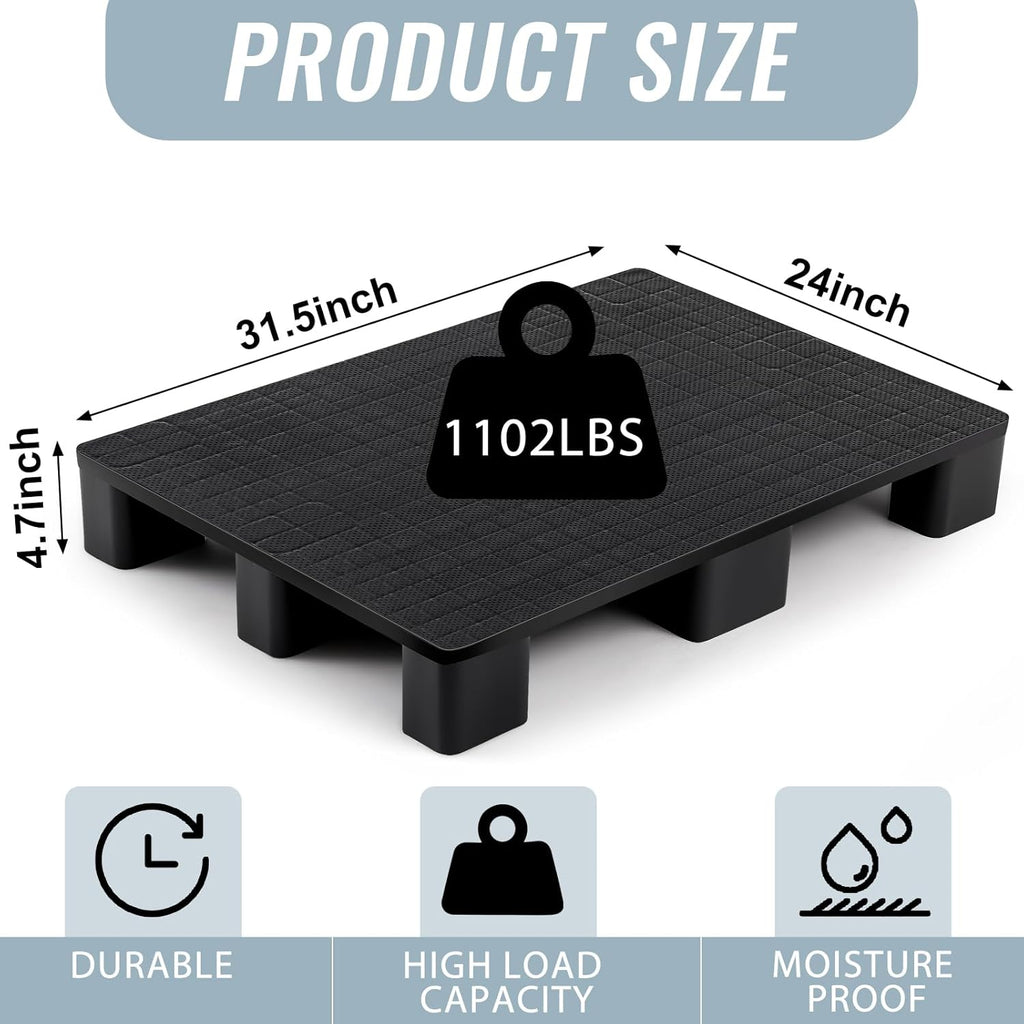 2 Pcs Plastic Pallet for Basement Storage Easy Stack Lightweight Floor Pallet Display Flooring Room Supermarket Christmas, Support up to 2000 Lbs (31.5'' L X 24'' W X 4.7'' H,Black)