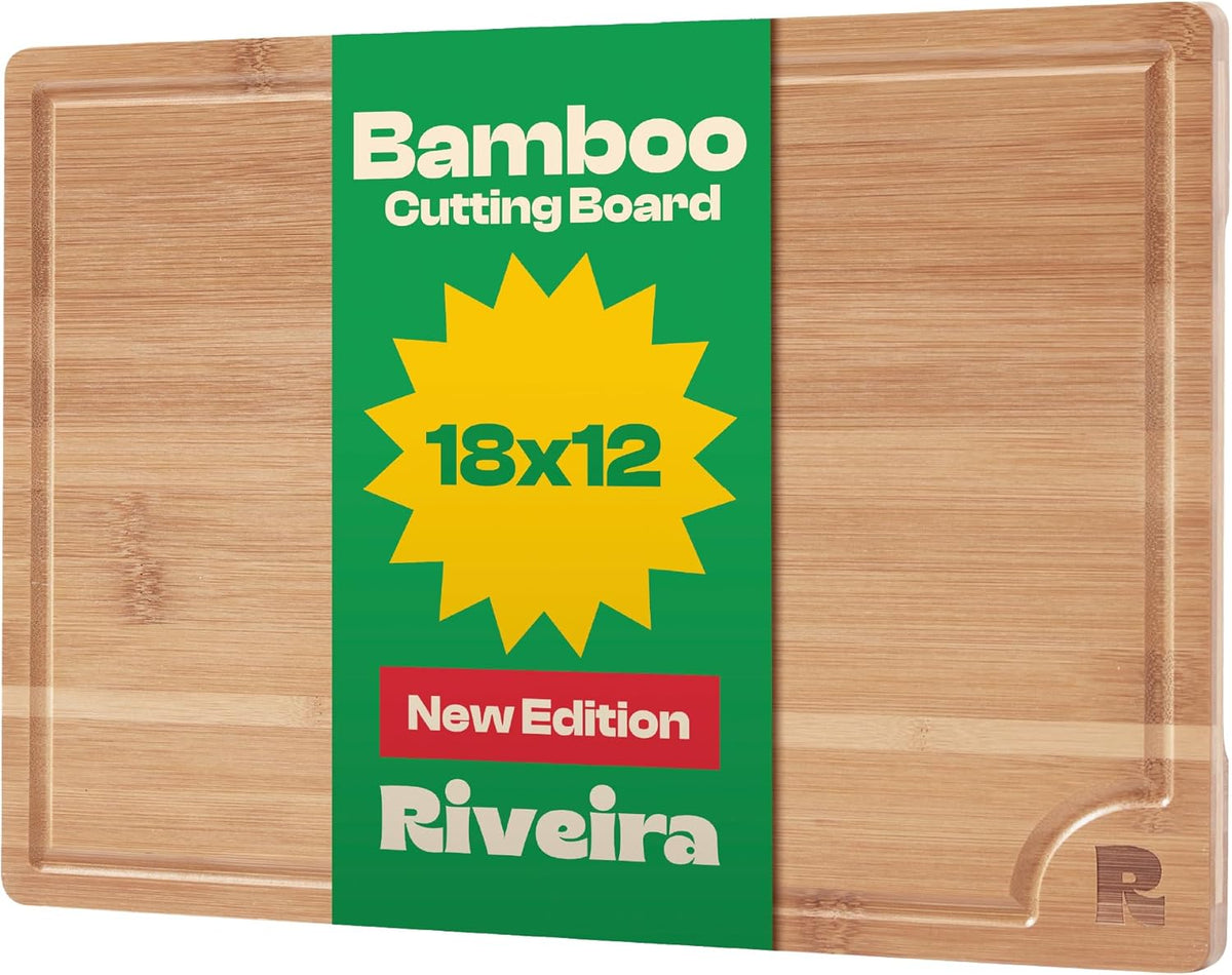 Riveira Brown Bamboo Wood Cutting Board – Gourmet Bamboo Grandeur: 18 x 12 Wooden Cutting Board – Wooden Cutting Boards For Kitchen Decorative – Innovative Juice Grooves Wooden Chopping Board