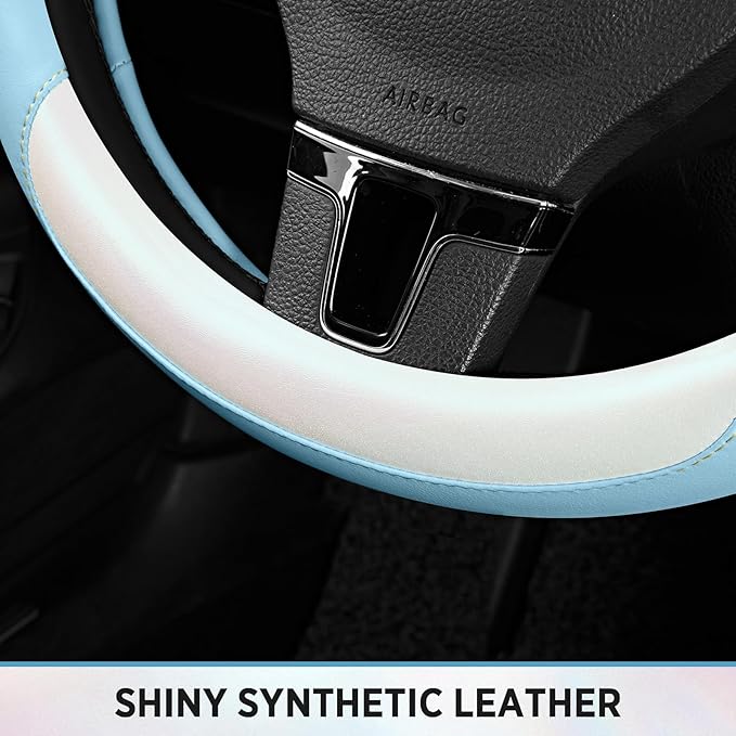 Road Comforts Steering Wheel Cover – Breathable Leather Steering Wheel Cover, Anti-Slip Grip, Universal Fit 14.5” to 15”, Heat & Cold Resistant for Cars, SUVs, and Trucks – Shining White & Blue