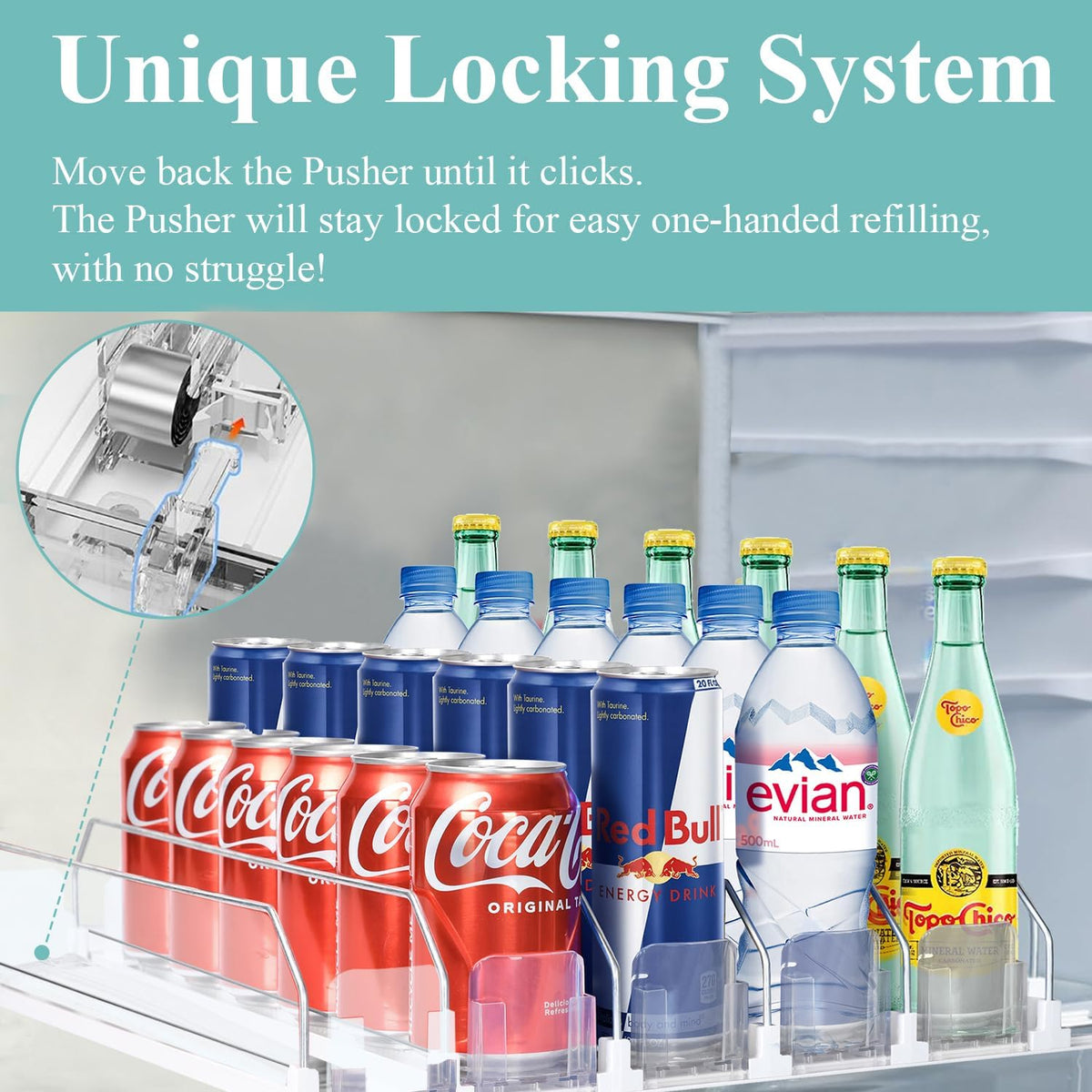 Drink Organizer For Fridge - Fridge Organizers Self Pushing Drink Dispenser, Drink Dispenser for Fridge w/Smooth Spring & Conveyor Belt, Adjustable 5 Can & Can Organizer for Refrigerator, 17.3"D