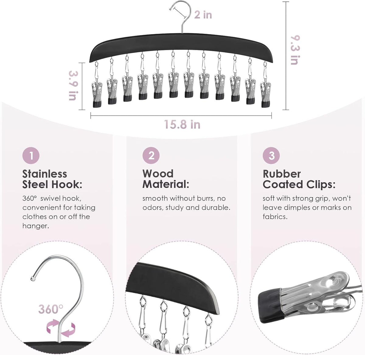 Leggings Hangers, Wooden Closet Hanging Leggings Storage Organizer Scarf Hangers with 24 Clips, 360° Swivel Hook, Black, 2 Pcs