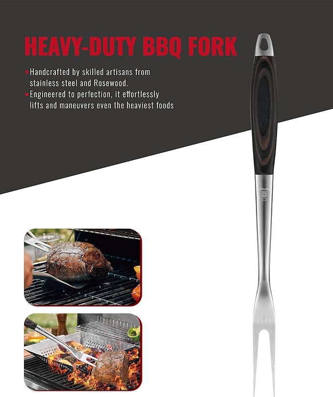 Stainless Steel BBQ Tool Set | Dark-Dyed Wood Handles | Heavy Duty Grilling Accessories | 3-Piece Outdoor Barbecue Grill Utensil Set with Spatula, Fork, and Tongs - Ideal Gift for Men…