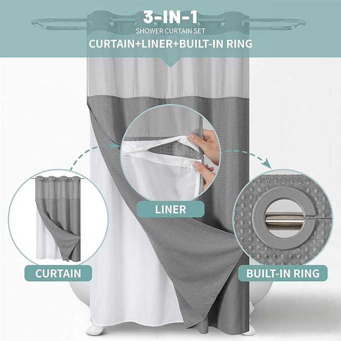 eachope Grey No Hook Waffle Weave Shower Curtain with snap-in Liner Replacement, 230GSM Waterproof Fabric Hotel Shower Curtain Set for Bathroom, Through Mesh Top Window,54Wx80H