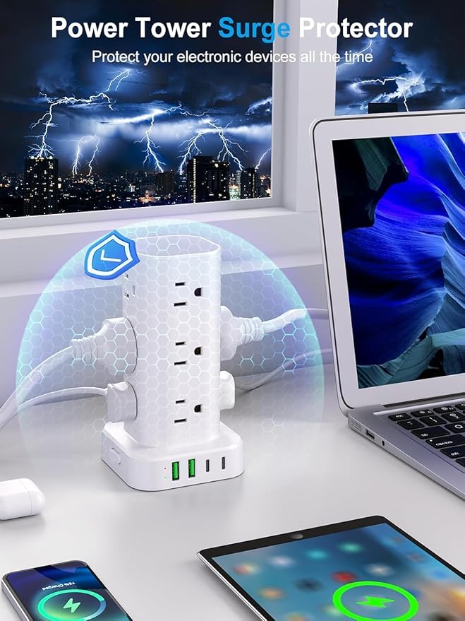 Power Strip Tower with Multiple Outlets, Flat Plug Surge Protector Tower