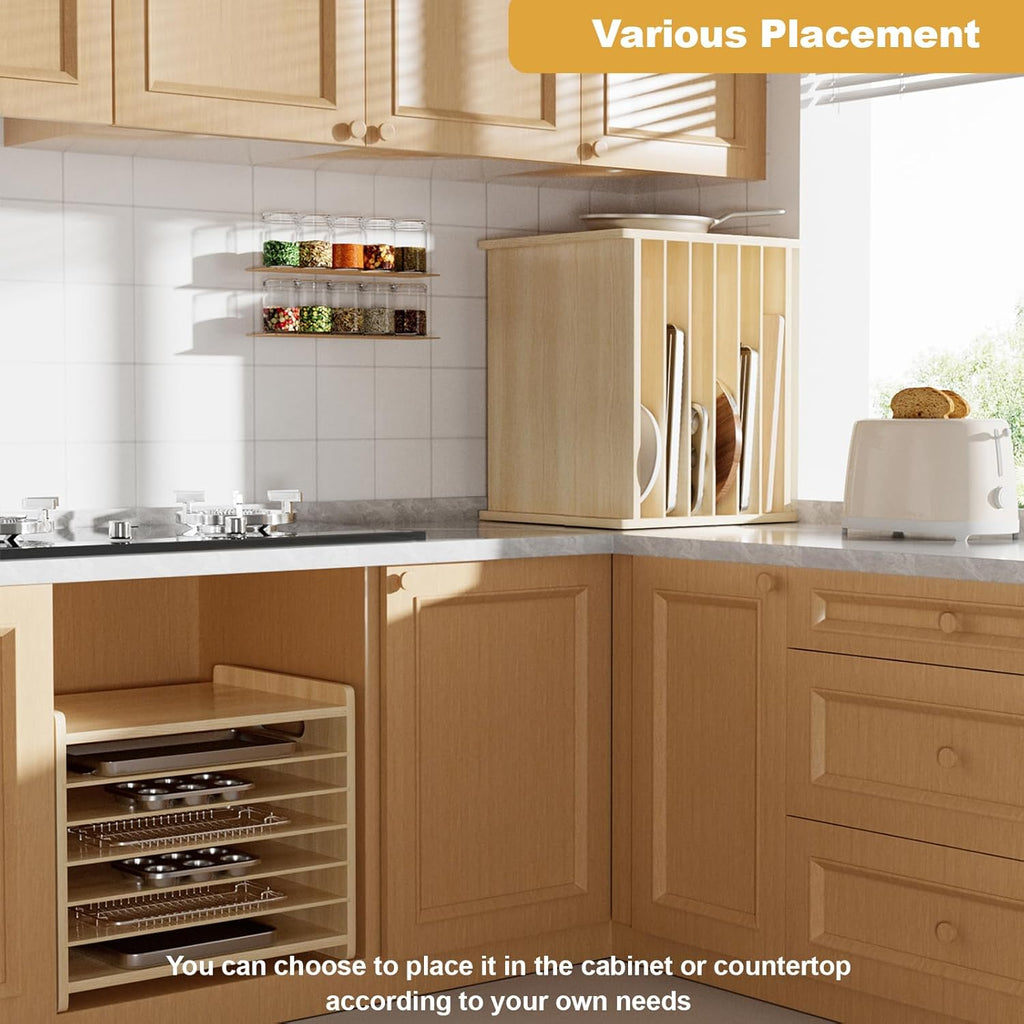 7 Tier Wooden Cookie Sheet Organizer for Cabinet Pot, Pans, Baking Tray Organizer for Kitchen Documents Storage(16.6" W x 16.5" H x 15.2" D)