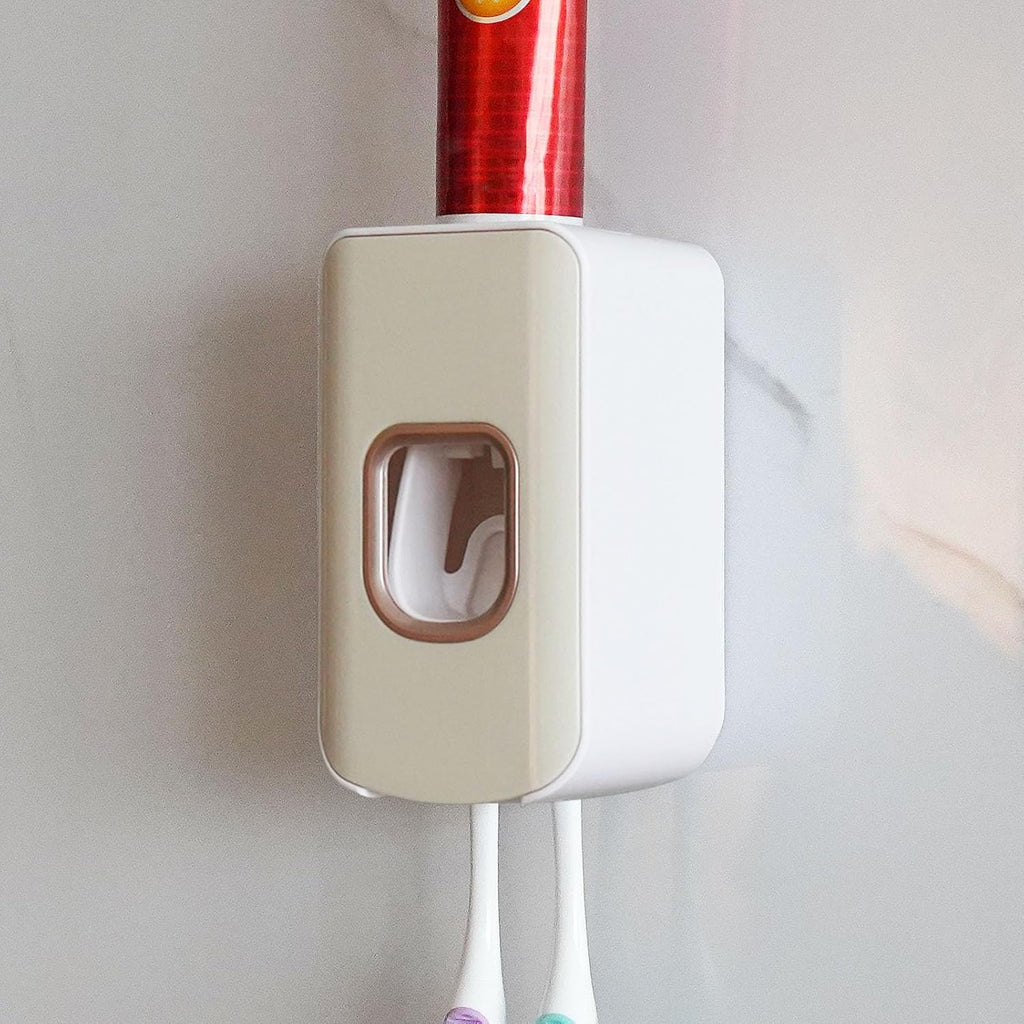 2 Slot Toothbrush Holder and Toothpaste Dispenser Wall Mounted, Automatic Toothpaste Squeezer, 2 in 1 Tooth Brush Toothpaste Organizer for Shower (Ivory Yellow)