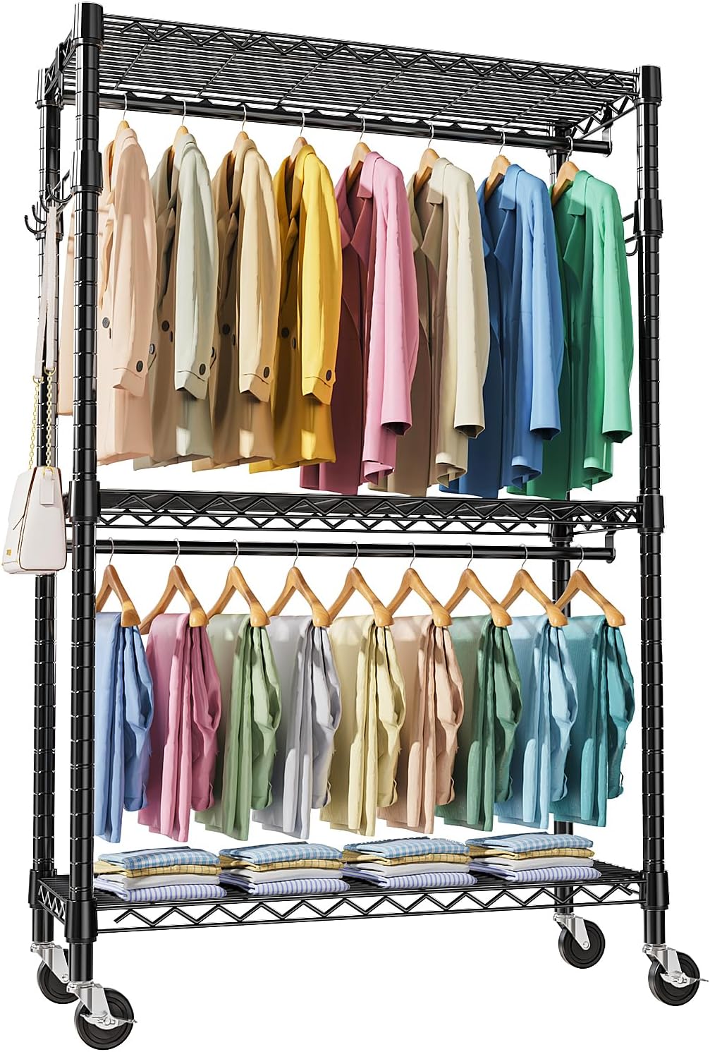 Heavy Duty Rolling Garment Rack 3 Tiers Adjustable Wire Shelving Clothes Rack with 2 Rods and Side Hooks, Storage Closet Clothing Rack with Wheels Black 17.7" D x 47.2" W x 83.6" H