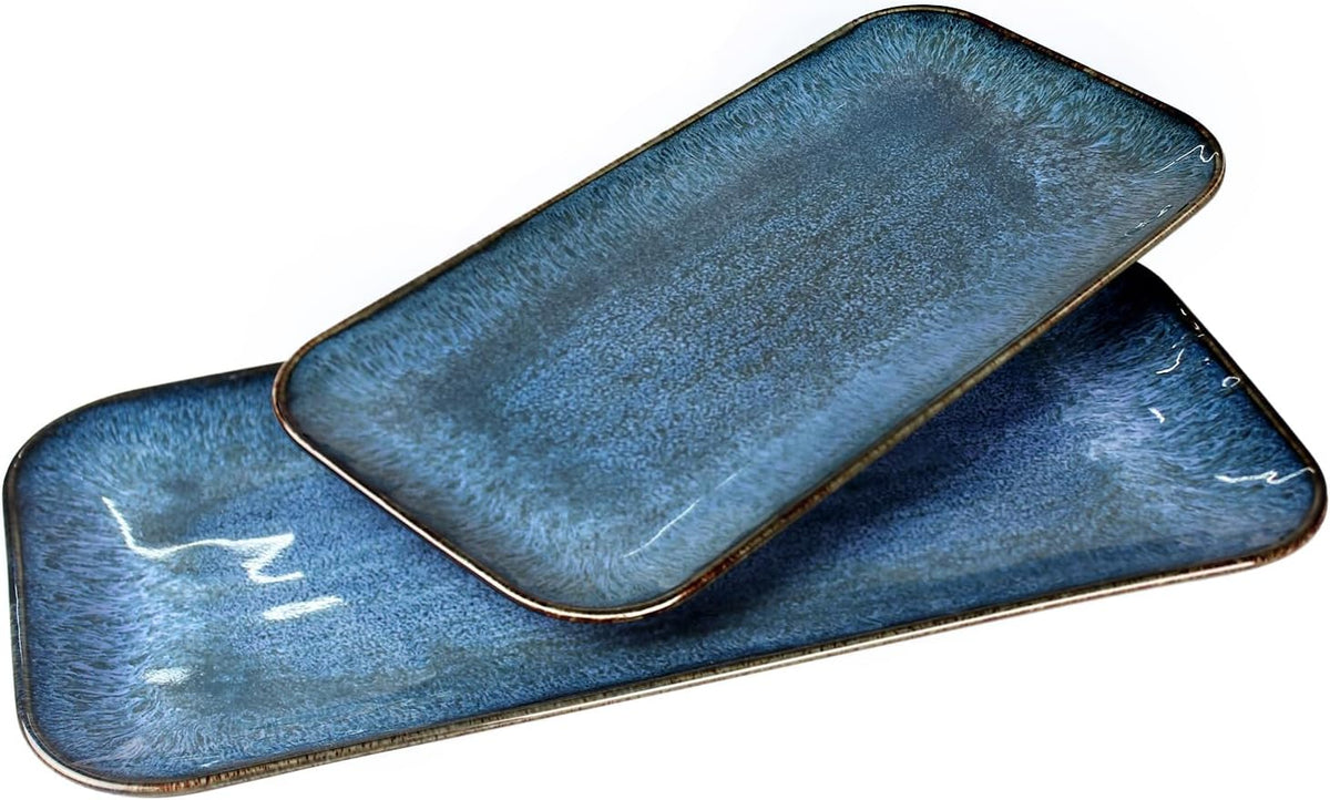Porcelain Dinner Plates Blue 2 PCS, Serving platters for entertaining, for Fruit, cheese, snack, Bread, cupcake, Salad - Scratch Resistant durable, Microwave, Dishwasher Safe