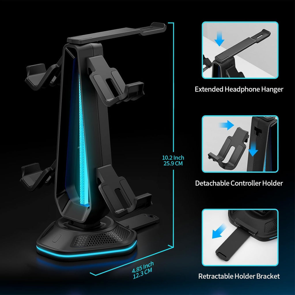 RGB Headset Stand with 9 Light Modes and 2 USB Charging Ports - Controller Holder for Desk - Headphone Stand & Detachable Controller Hook for PC Earphone Gaming Room Setup Accessories