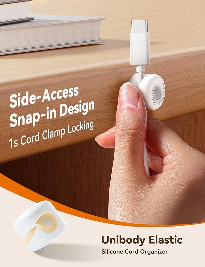 8Pack Cord Organizer JOYROOM Cable Clips [1s Side-Snap Lock] Silicone Cord Holder Cable Management, Adhesive Cord Clips Phone Charger Wire Keeper, Office Workspaces Desk Organization Home Accessories