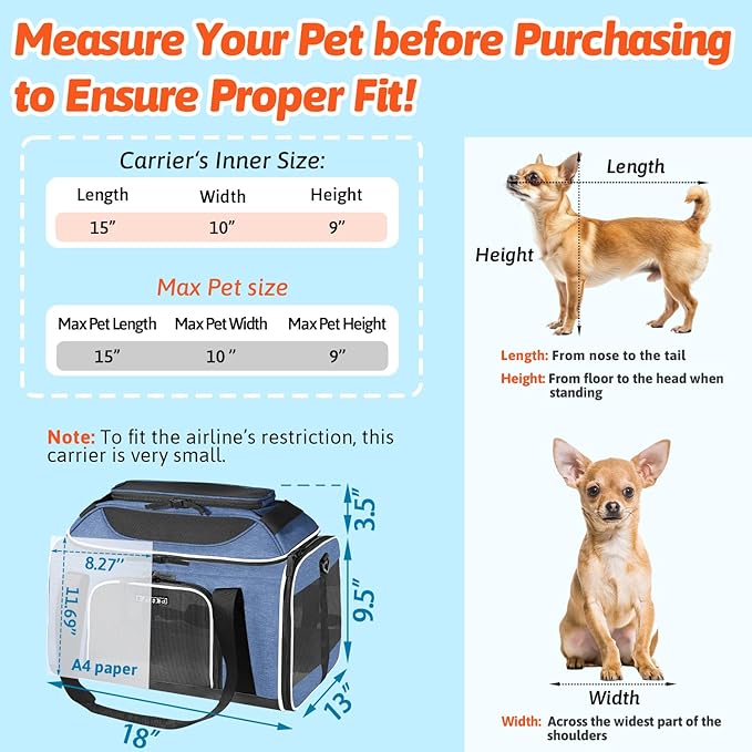 Petskd Top-Expandable Pet Carrier 18x13x9.5 Inches Southwest Airline Approved, Soft-Sided Carrier for Small Cats and Dogs with Locking Safety Zippers and Anti-Scratch Mesh(Blue)