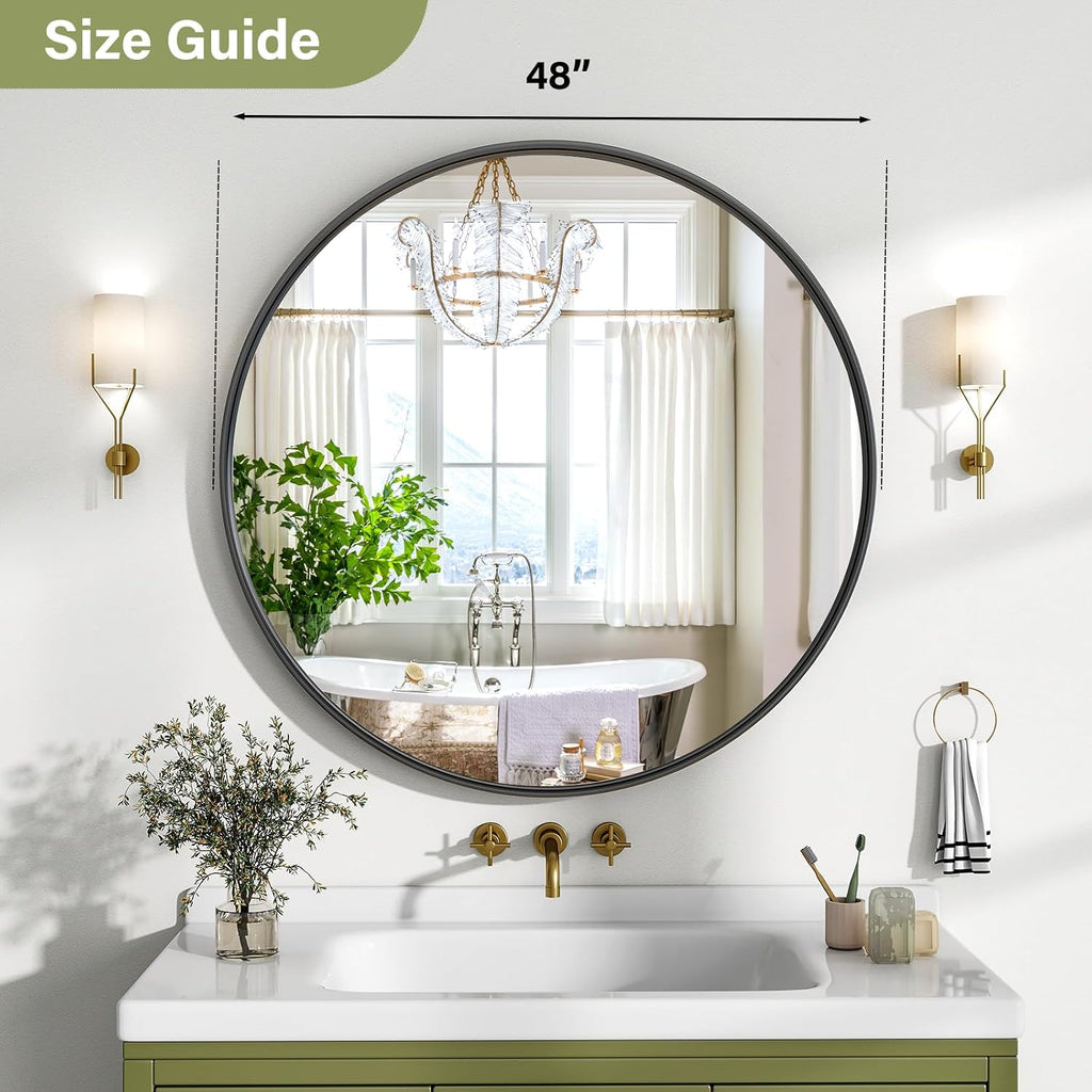 48 Inch Round Bathroom Mirror - Wall Mounted Circle Mirror with Metal Frame, Modern Mirror Suitable for Bathroom, Vanity, Entryway, Living Room, Wall Decor,Black
