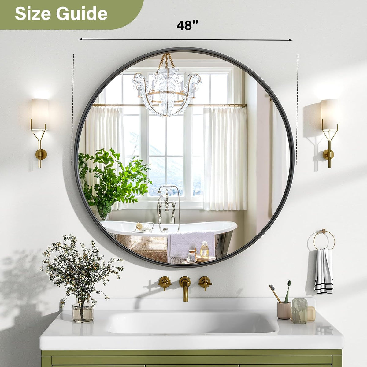 48 Inch Round Bathroom Mirror - Wall Mounted Circle Mirror with Metal Frame, Modern Mirror Suitable for Bathroom, Vanity, Entryway, Living Room, Wall Decor,Black