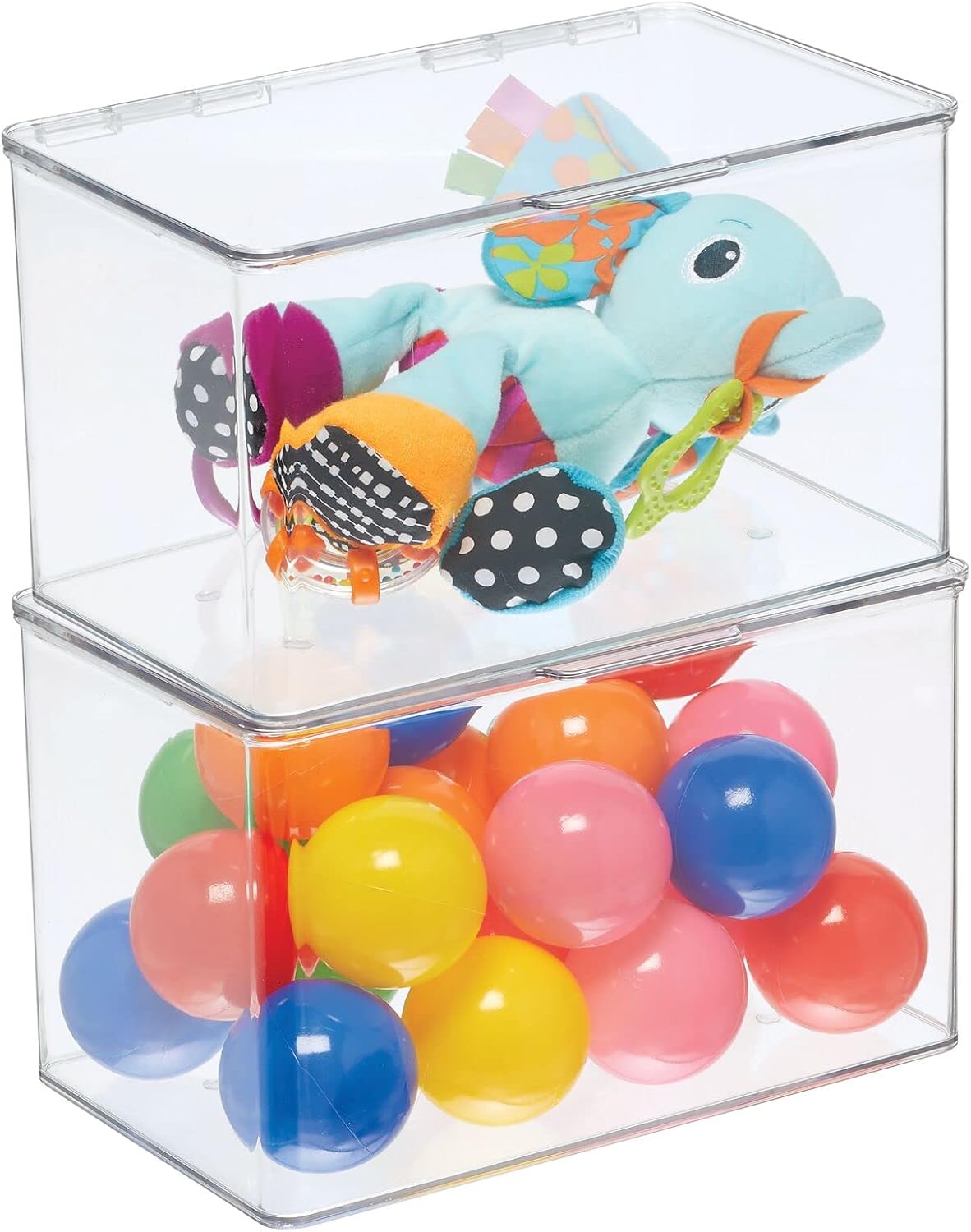 mDesign Set of 2 Storage Boxes with Lids – Stackable Plastic Storage Boxes for Nursery – Practical Plastic Toy Box Set – Clear