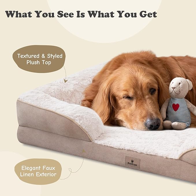 PetFun XXL Orthopedic Dog Beds Large Sized Dog - Washable Large Dog Cat Bed Waterproof, Comfort Dogs Couch Sofa with Washable Removable Cover, Pet Bed with Nonskid Bottom, Beige, 53"