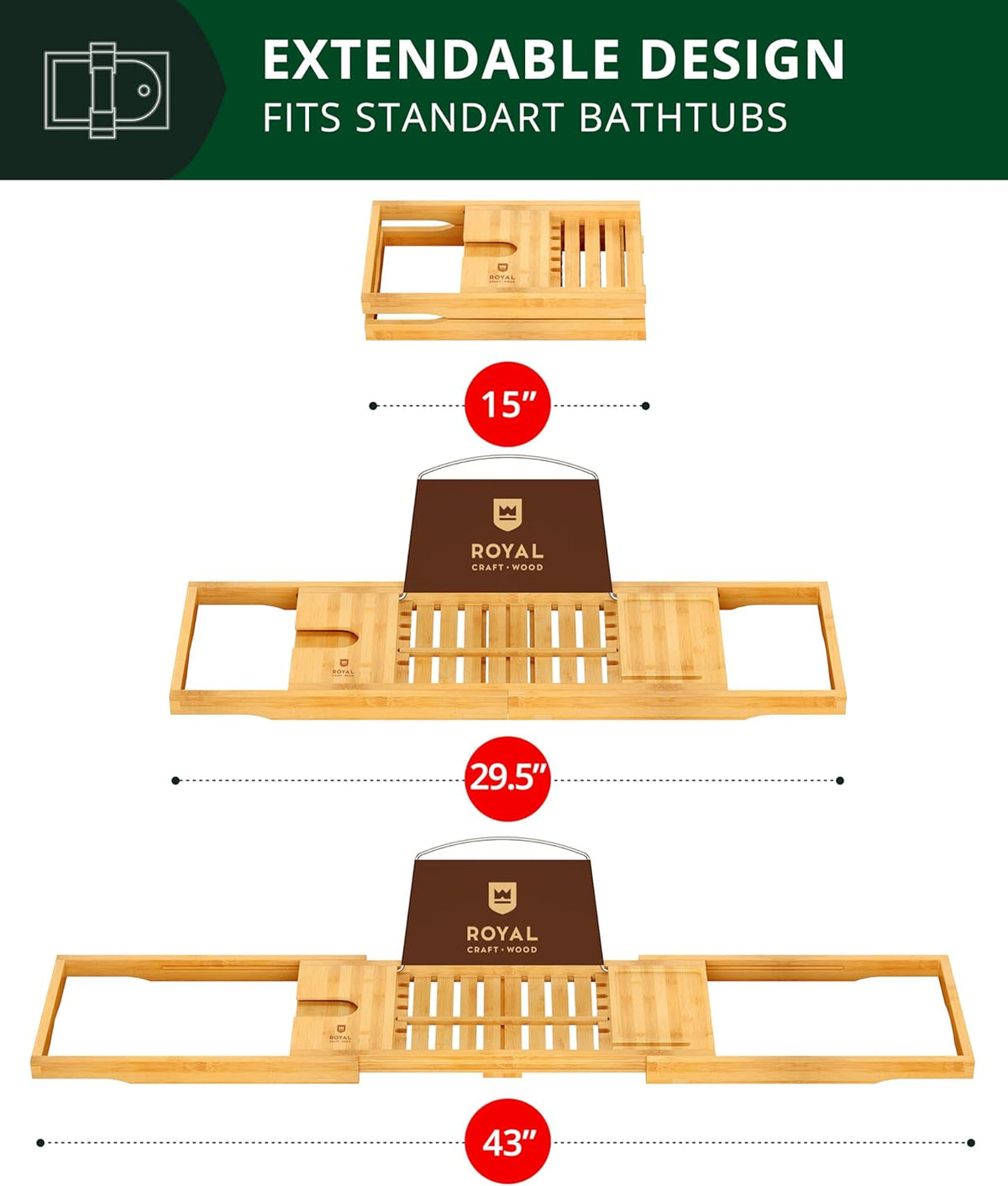 ROYAL CRAFT WOOD Premium Foldable Bathtub Tray Caddy - Wood Bath Tray for Tub, Bamboo Shelf, Expandable Bath Table Trays, Bathtub & Bathroom Accessories for New Home & Mothers, Birthday Gifts for Mom