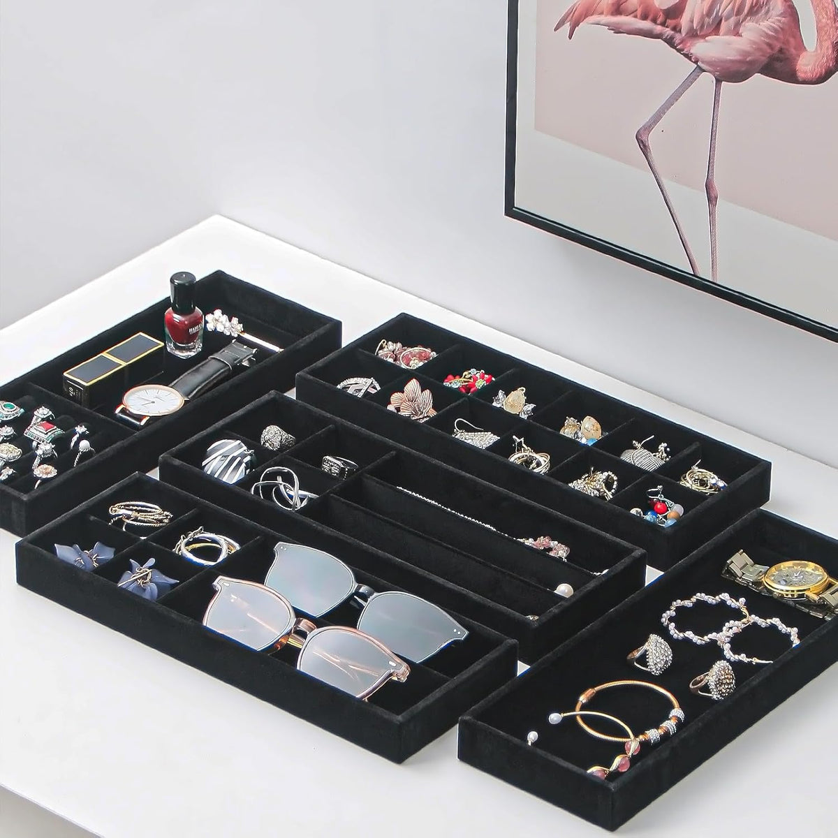 2Pcs Desk Drawer Storage Tray, Nightstand Organizer Tray, Necklace Bracelet Ring Earring Jewelry Display Tray, Grid Table Organizer Holder Tray for Sunglass, Phone, Watch, Perfume (7 grid)/Black