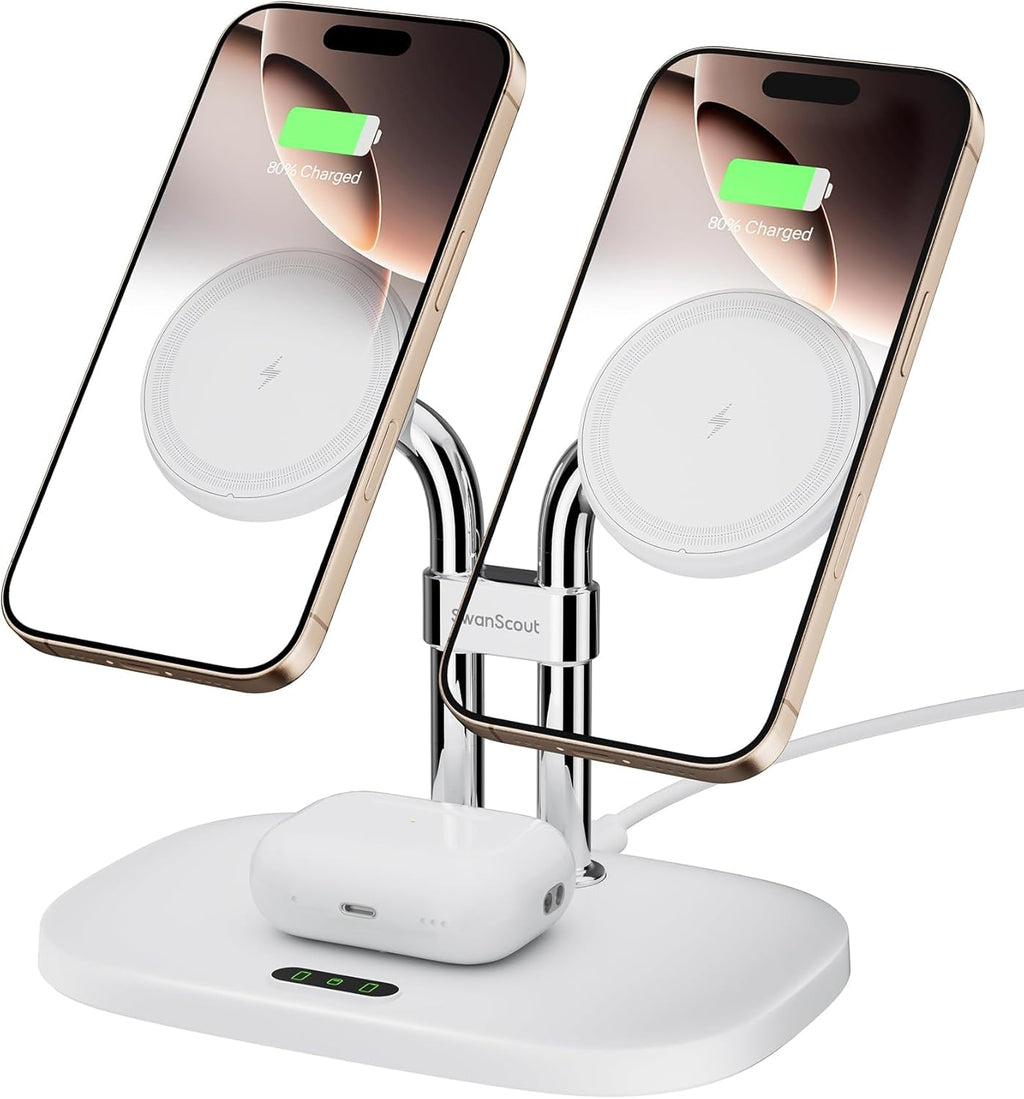 SwanScout Wireless Charger for iPhone Air/17, SwanScout 706M, Dual Magnetic Charger for iPhone 16/15/14/13/12 Series, Charging Station for AirPods Pro 3/2, AirPods 4/3rd (White)