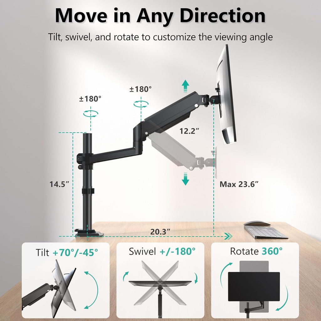 WALI Single Monitor Arm 13-32 Inch, Single Monitor Mount, Vesa Desk Mount up to 19.8lbs Gas Spring Arm with Clamp, VESA 75x75mm or 100x100mm Compatibility(GSDM001), Black