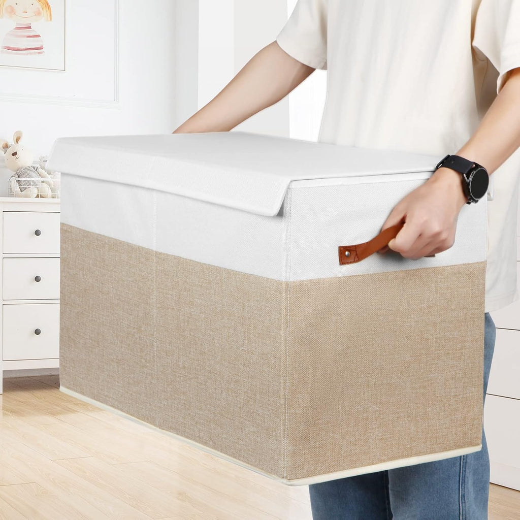 Large Toy Storage Box with Lid, Sturdy Toys Storage Chest Bin Organizer Basket with Dividers for Kids, Boys, Girls, Nursery, Closet, Bedroom, Playroom 25"x13" x16" (Beige and White)
