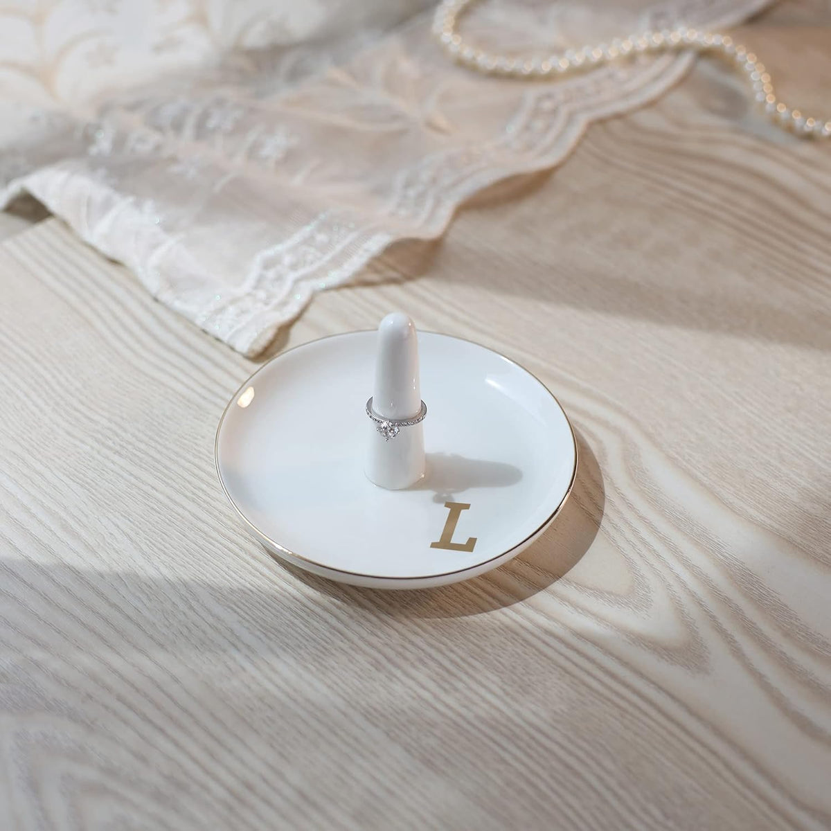 HOME SMILE Initials Ring Holder Jewery Tray with personalized L-Monogrammed Engagement Gifts for Friends,Birthday Mother's Day Christmas Gifts for Women,Ceramic White