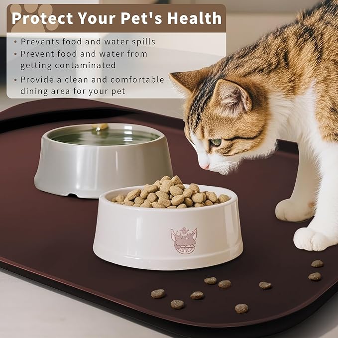 Smilool Silicone Pet Food Mat with Raised Edge for Food and Water Bowl, Dog Feeding Mats, Cat Food Trays for Floor Waterproof, Rubber Tray for Dogs and Cats, 22 x 14 x 0.8 Dark Brown