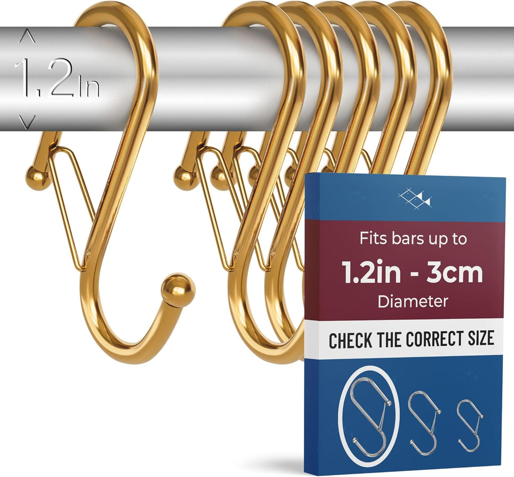6-Pack Metal S Hooks for Hanging – Heavy-Duty S-Shaped Hook with Safety Buckle – Fits Bars up to 1.2 in – Anti-Drop S-Hooks for Closet, Wardrobes & Storage – Golden (Large)