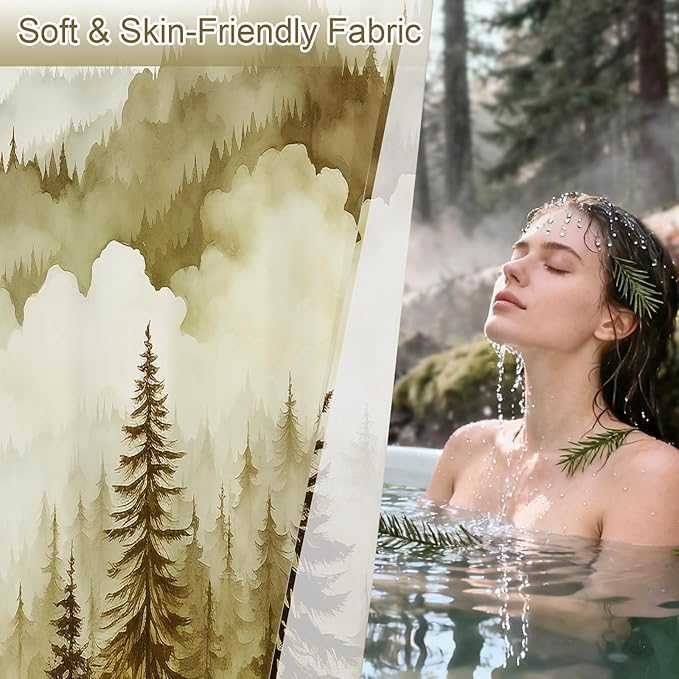 Litabel Yellow Misty Pine Forest Shower Curtain, Mountain Foggy Woodland Scenery Tree Shower Curtains for Chic Rustic Bathroom, Abstract Modern Waterproof Nature-Themed Decor, 72x72 Inches