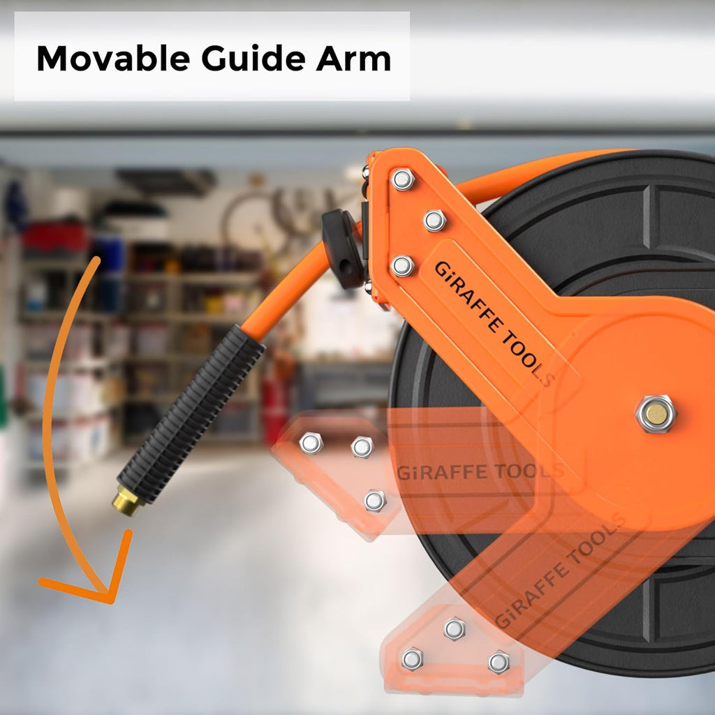 Giraffe Tools TA15B Retractable Air Hose Reel Wall Mount 3/8" x 50 ft Hybrid Hose, Air Compressor Heavy Duty Steel Reel Auto Rewind 300PSI, 50ft, Tangelo