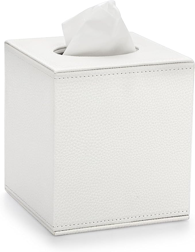 Sumnacon Tissue Box Cover Square Tissue Box Stylish PU Tissue Box Holder with Magnetic Bottom, Cube Leather Tissue Cover for Living Room Bathroom Table Desk Home Office Car, White
