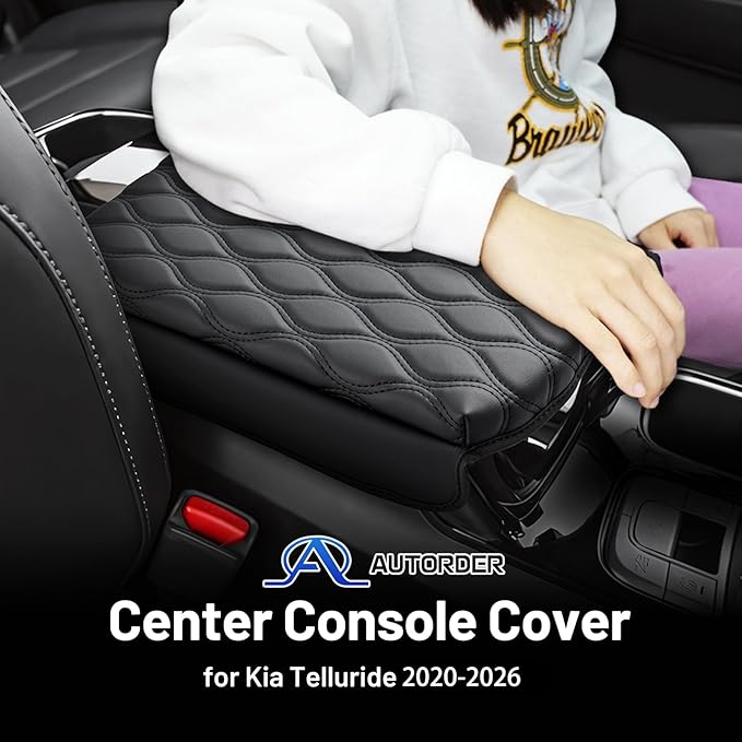 Autorder Center Console Cover for 2020-2024 2025 2026 Kia Telluride Accessories Armrest Cushion Cover Nappa Leather Middle Console Covers Telluride Console Cushion Pad Anti-Scratch