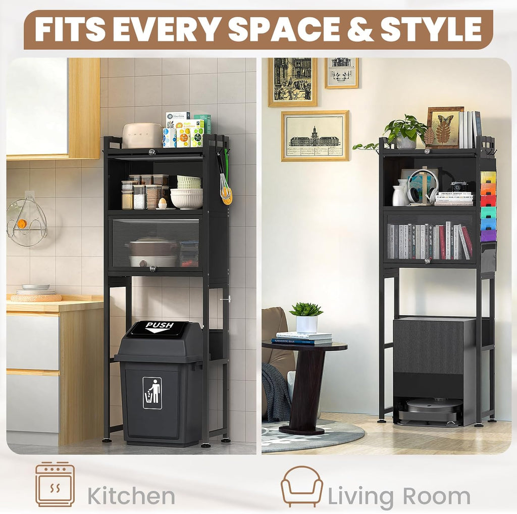 ZZL Over The Toilet Storage Cabinet,3-Tier,Bathroom Toilet Organizer,Waterproof, Cabinet Door Design,Freestanding Space Saver with 4 Hooks for Bathroom,Black