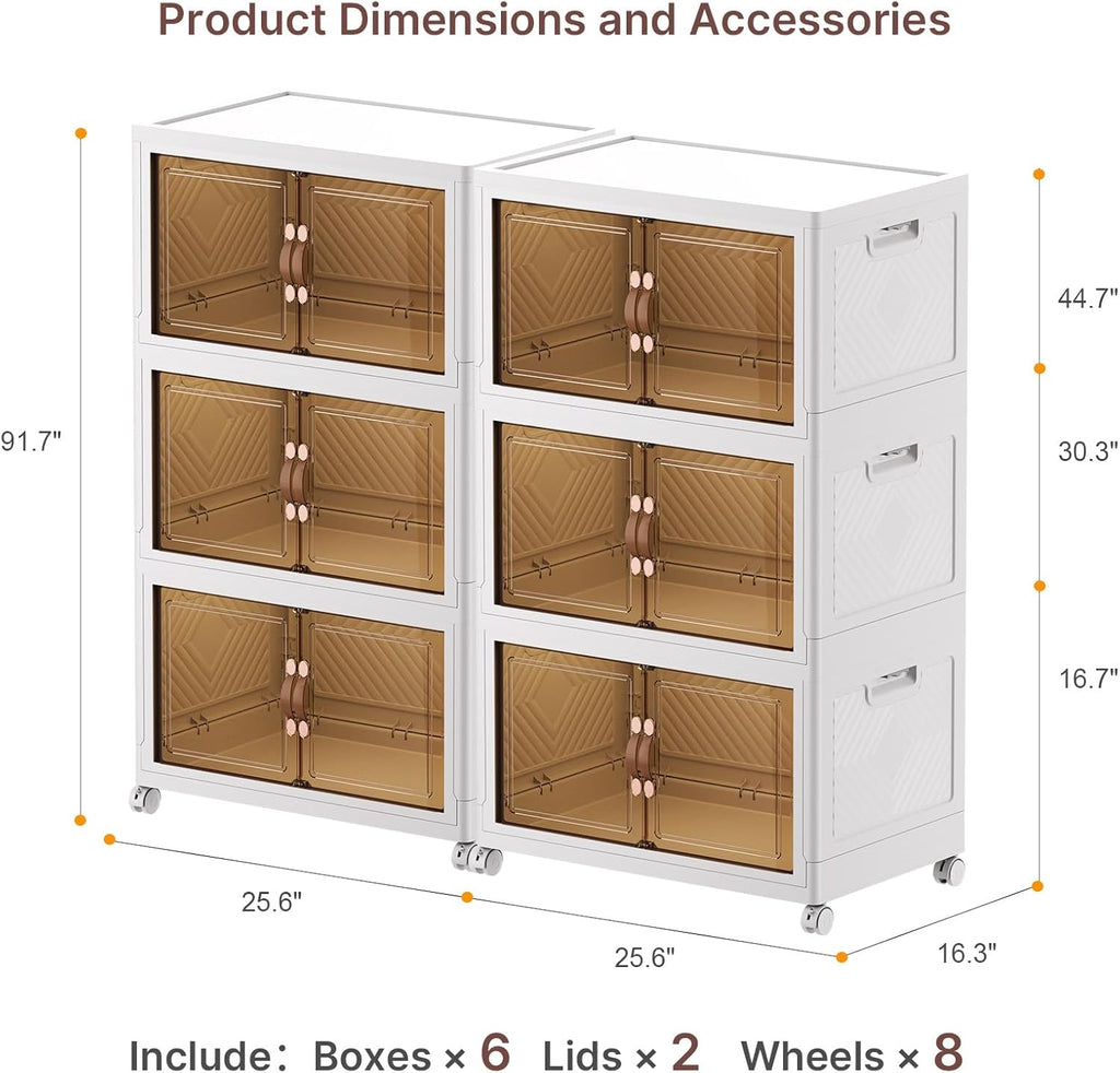 720Qt Stackable Storage Bins with Lids, 6 Pack Large Collapsible Bins with Wheels, Plastic Cabinet with Doors, Foldable Closet Organizers and Storage for Home, Dorm, Office, White