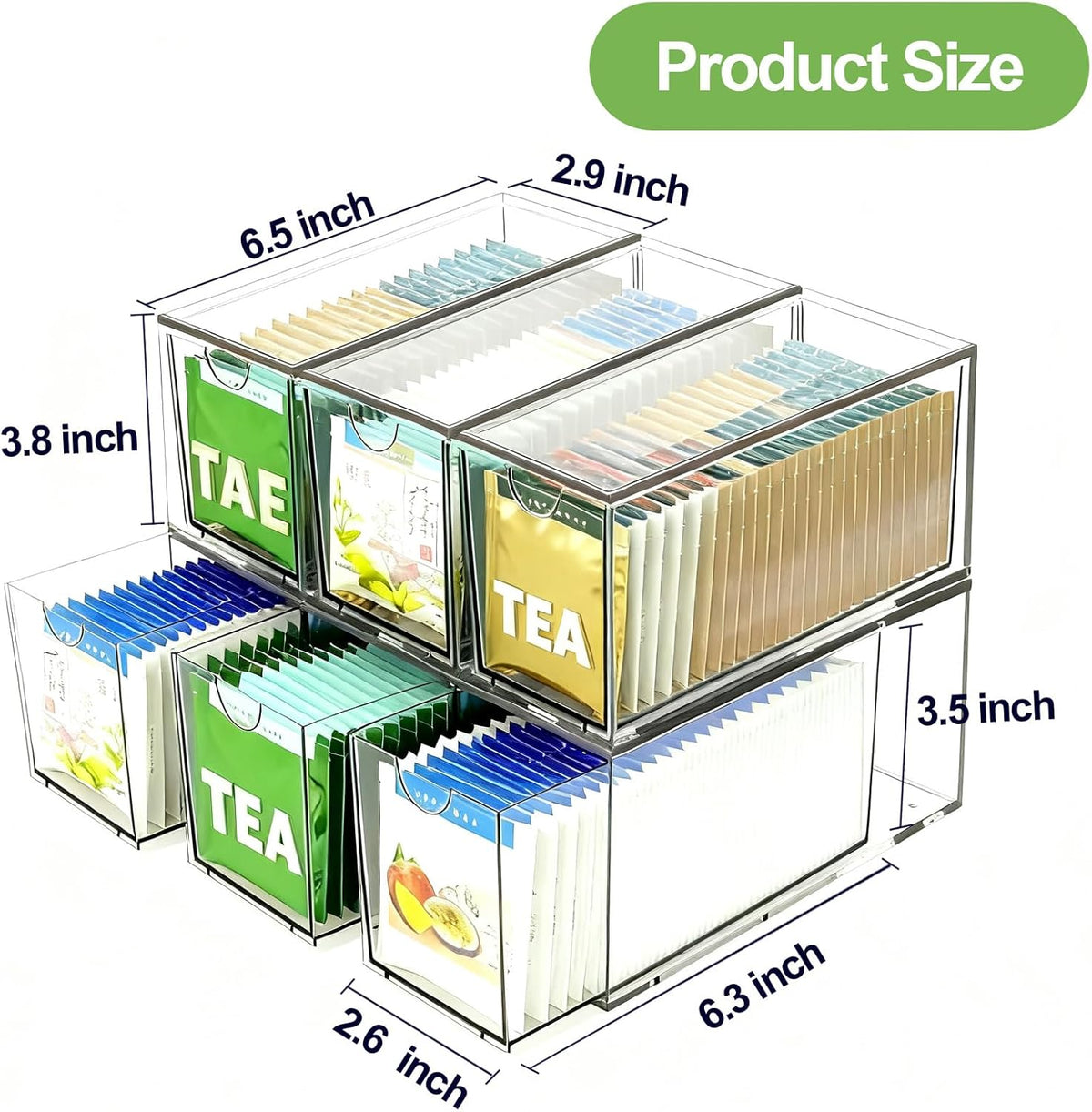 6 Pack Stackable Tea Bag Organizer Drawers – Clear Acrylic Tea Bag Holder for Cabinet, Drawer, Pantry, Countertop – Kitchen Tea Storage Container