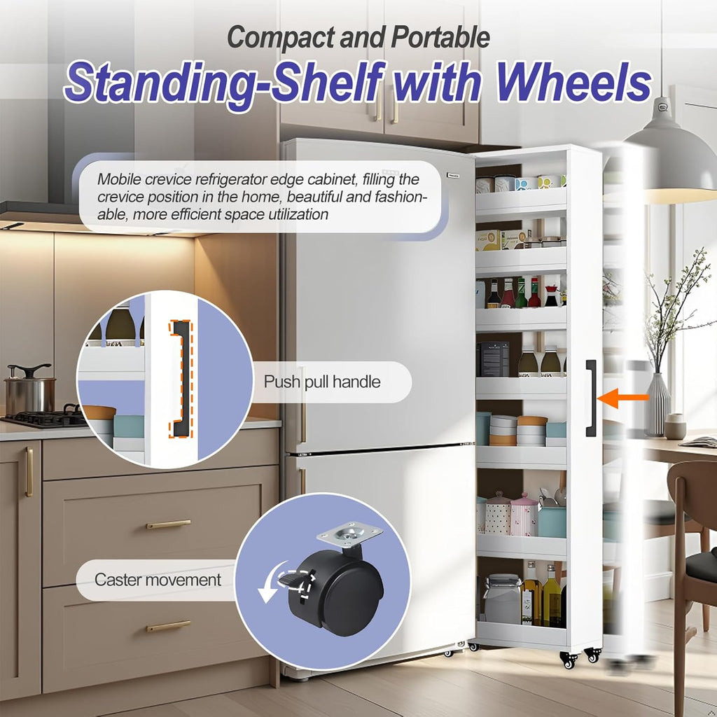 7-Tier Slim Storage Cart, Wooden Rolling Pantry Cabinet with Wheels, Narrow Shelf Organizer for Kitchen, Bakers Rack, Dining Room, Closet, Small Spaces Teak 73.2''H*9.8''W*19.6''D