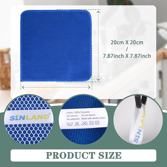 SINLAND Absorbent Microfiber Dish Cloths for Washing Dishes Best Kitchen Cloths Cleaning Cloths with Poly Scour Side 7.87Inchx7.87Inch 10 Pack Dark Blue