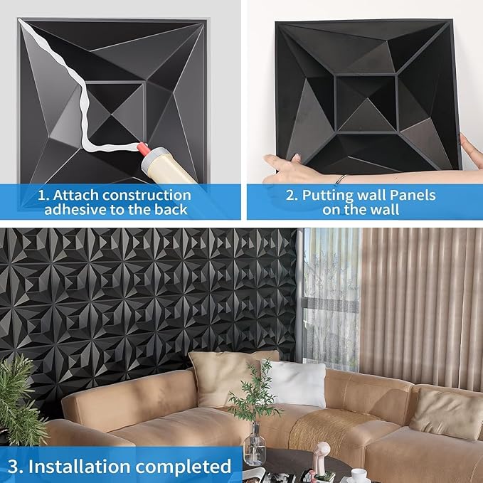 Greymond Black PVC 3D Wall Panels, 33 Pack 11.8''x11.8''Geometric Design