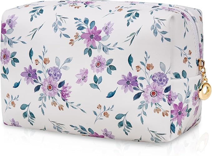 Floral Waterproof Makeup Bag, Leather Cosmetic Bag with Compartments, Zipper Make up Pouch Organizer, Portable Storage Travel Toiletry Bag Gifts for Women Girls(Purple Flower)