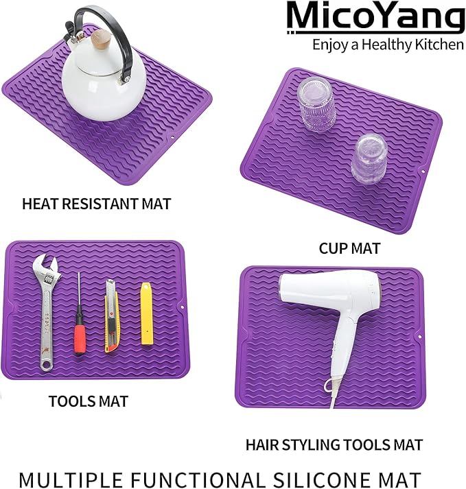 Silicone Dish Drying Mat for Multiple Usage,Easy clean,Eco-friendly,Heat-resistant Silicone Mat for Kitchen Counter or Sink,Refrigerator or drawer liner Purple L 16 inches x 12 inches
