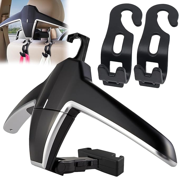 Car Back Seat Headrest Hanger 2 Car Hooks for Coat, Jacket, Suit, Clothes, Purse, Handbag, Grocery Bags - Multi-Purpose Storage Holder for Automobile - Black