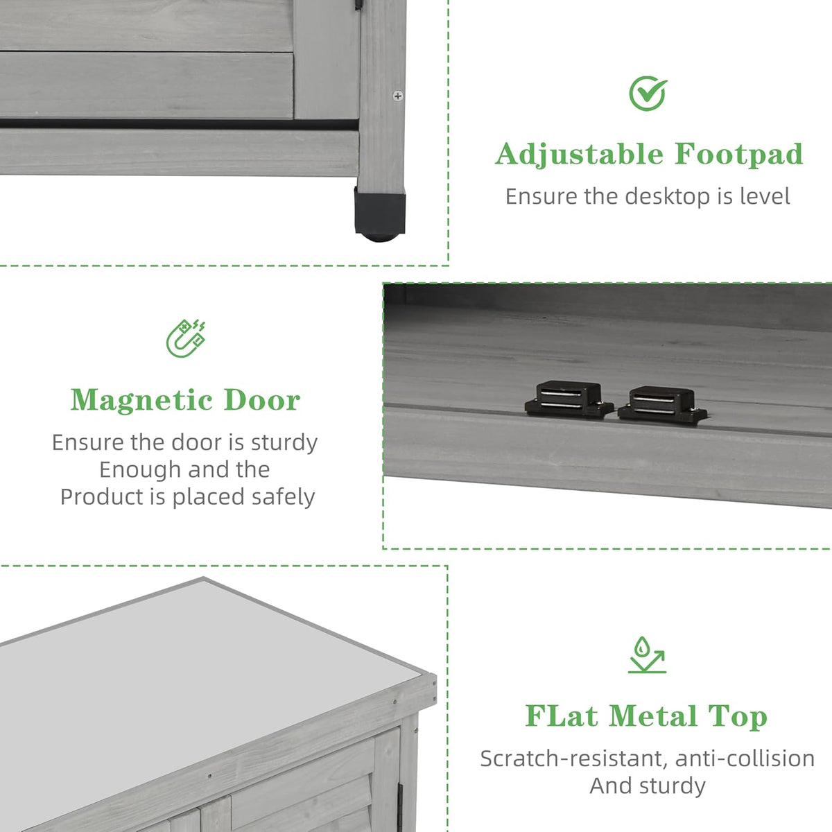 Outdoor Potting Bench with Storage Cabinet and Metal Top, Wood Workstation for Outdoor Patio, Garden (Light Grey, 31x17x36‘’)