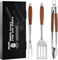 Heavy-Duty Heat-Treated Ash Wood BBQ Grilling Tools Set | Extra-Thick Stainless Steel Spatula, Fork & Tongs | Essential Barbecue Accessories, for Grill Enthusiasts